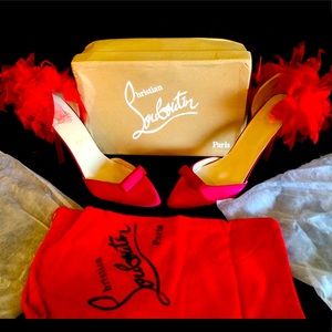 Christian Louboutin Red Satin Heels with Crepe Feathers